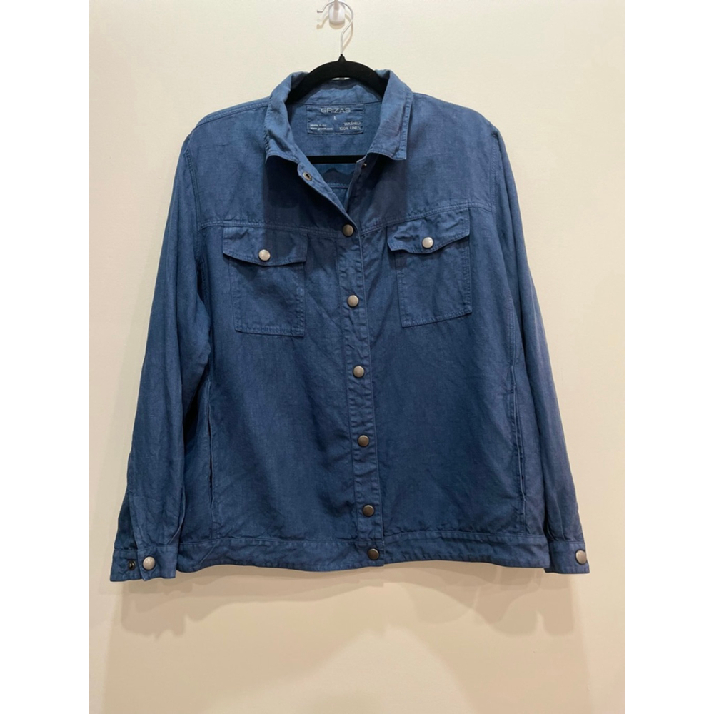 Grizas Washed Linen Snap Front Shirt Jacket L Blue Coastal Utility Lagenlook
